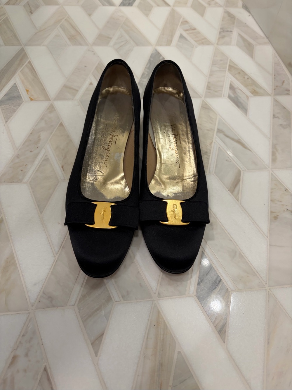 Salvatore Ferragamo Black Satin Vara Bow Flats with Gold Hardware